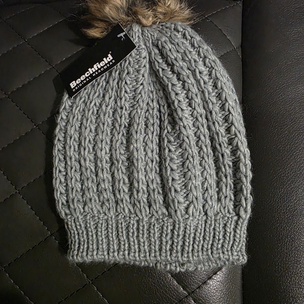 Beechfield Gray Knit Beanie with Pom Pom